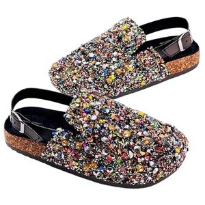 Sparkly Beaded Slide On Clogs With Strap